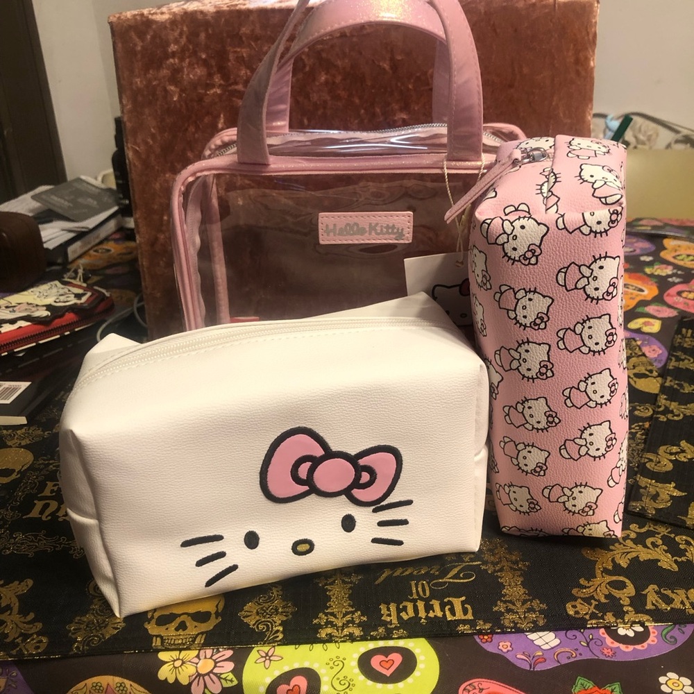 Hello Kitty Three piece cosmetic makeup bag set with initial E